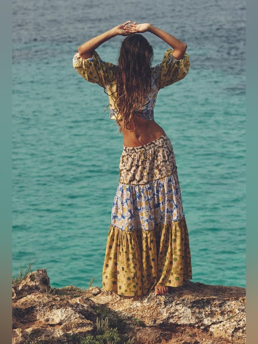 Zara Yellow Floral Tiered Maxi Skirt and Crop Top Set